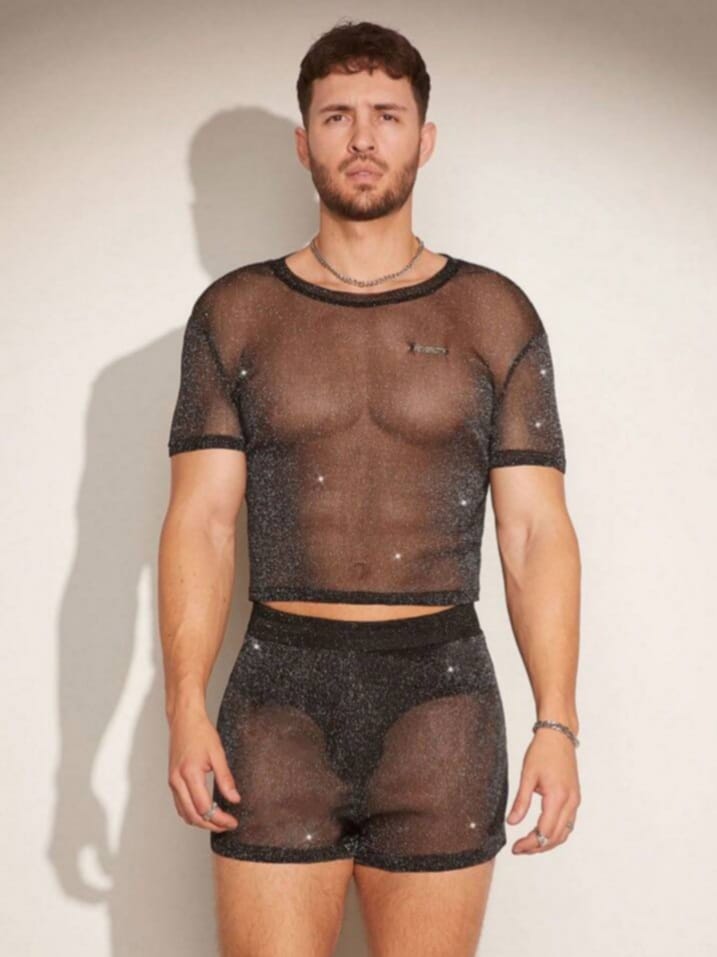 Feline Men's Summer Shiny Mesh Round Neck Short Sleeve T-Shirt & Short Sleepwear Set
